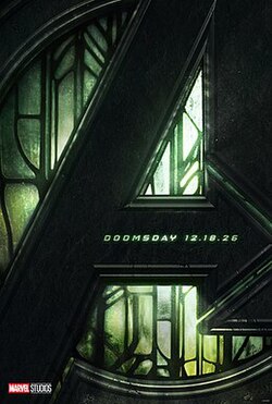The poster of Avengers: Doomsday, depicting the standard Avengers "A" logo with the green and grey colors and a metallic design similar to Doctor Doom's armor, and the word "Doomsday" and the release date in smaller text in the middle of the "A".