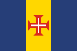 Blue-gold-blue vertical triband with a red-bordered white Cross of Christ.