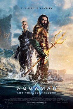 Aquaman and Orm standing together in water on a beach coast with the tagline "The Tide is Turning" above them and the logo below.
