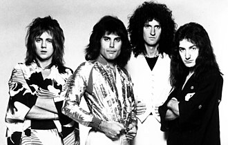Queen in 1975. From left to right: Roger Taylor, Freddie Mercury, Brian May, and John Deacon