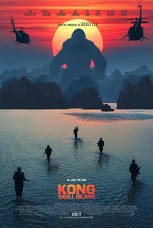 film poster showing Kong towering over mountains with the sun behind him, as well as military soldiers and helicopters slowly approaching towards him.