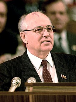 Head shot of Gorbachev speaking and facing right