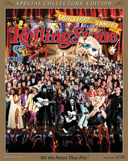 The cover of the 1000th edition of Rolling Stone, titled 'Our 1000th issue', depicting a large crowd of entertainers performing on a stage.
