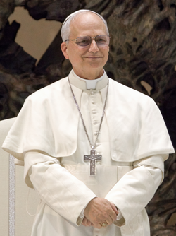 Photograph of Pope Leo XIV wearing papal regalia and glasses and slightly smiling. His dress consists of a white cassock with matching pellegrina and with white-fringed fascia, silver pectoral cross, and white zucchetto.