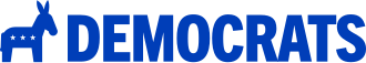 A blue silhouette of a donkey standing next to the word "Democrats"