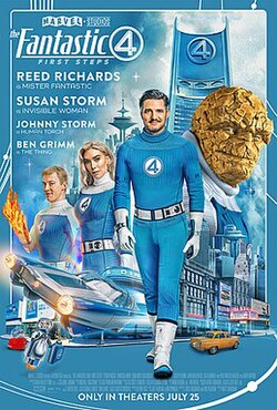 The Fantastic Four team, with (from left-to-right) Johnny Storm/The Human Torch, Susan "Sue" Storm/The Invisible Woman, Reed Richards/Mister Fantastic, and Ben Grimm/The Thing. In the background are a flying car and city buildings, including the Baxter Building, the Fantastic Four's headquarters.
