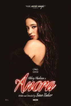 A woman in a dark fur coat stares over her shoulder. Her hair is embroidered with red tinsel. Underneath her, in a red neon font, "Anora" is spelled out.