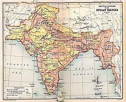 Political subdivisions of the British Raj in 1909. British India is shown in two shades of pink; Sikkim, Nepal, Bhutan, and the princely states are shown in yellow.