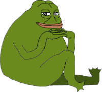 Groyper, a green cartoon frog, depicted sitting with one leg raised and his chin resting on interlocked fingers