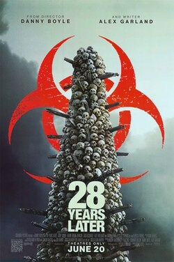 A tower of human skulls with wooden spikes on a dark cloudy background with a large red biohazard warning symbol behind the tower, with the film's title, credits and release date below.