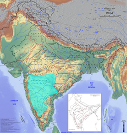 The Deccan Plateau (cyan) forms a major part of Deccan Peninsula
