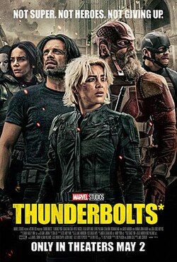 Yelena Belova stands in front of the other Thunderbolts: Taskmaster, Ghost, Bucky Barnes, Red Guardian, and John Walker. City destruction is seen in the background, and the title Thunderbolts* is in bold yellow letters below them.