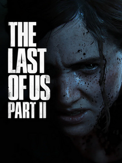 Block text with the words "The Last of Us Part II" beside the bloody, angry face of Ellie, who has brown hair