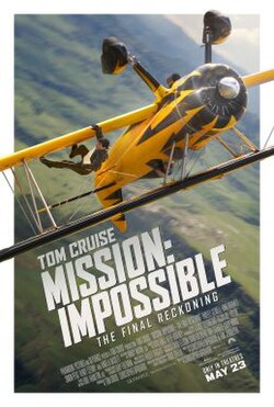 Poster depicting Ethan Hunt hanging off a biplane as it flies upside down.