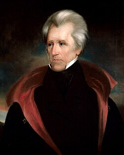 A painting of Andrew Jackson, serious in posture and expression, with a grey-and-white haired widow's peak, wearing a red-collared black cape.