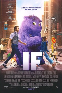 Poster featuring various creatures, a girl, and a man walking across a street.