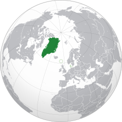 Location of Greenland (dark green) in the Kingdom of Denmark (light green)