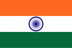 Horizontal tricolour flag bearing, from top to bottom, deep saffron, white, and green horizontal bands. In the centre of the white band is a navy-blue wheel with 24 spokes.