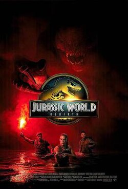 Three people wade through water, with one holding a flare, partially illuminating a large mutated dinosaur. The films logo is in the centre of the poster.