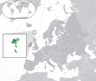 Location of the Faroe Islands (green) in Europe (green and dark grey)