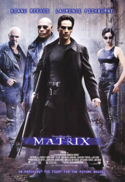 The characters of the film (Cypher, Morpheus, Thomas Anderson/Neo, and Trinity) in an alleyway holding guns and weapons, with bullets on the ground. Lines of computer code (known as digital rain) can be seen scattered around the poster. The tagline at the bottom reads "ON MARCH 31ST THE FIGHT FOR THE FUTURE BEGINS."